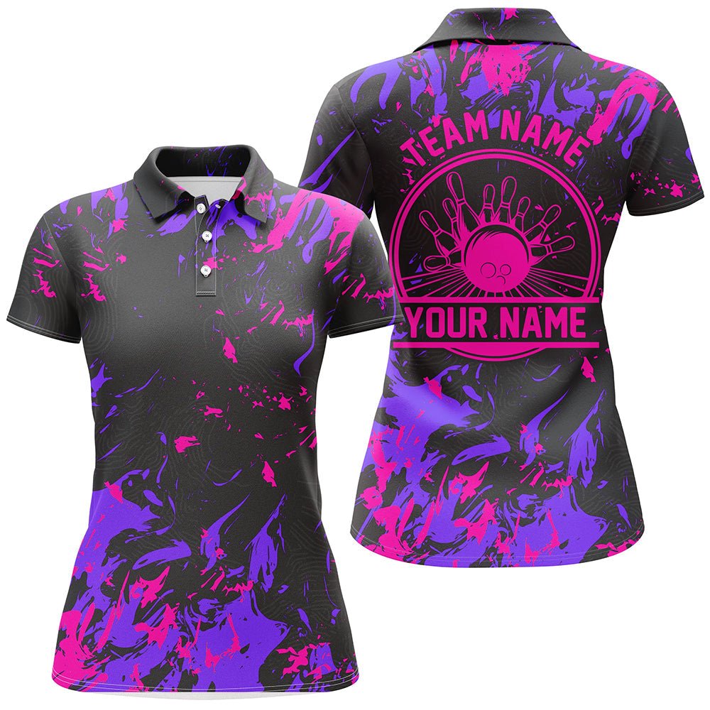 Personalisierte Damen Bowling Polo Shirts | Bowlingkugeln und Pins | Bowling Team Shirts | Pink Lila P5401 - Climcat