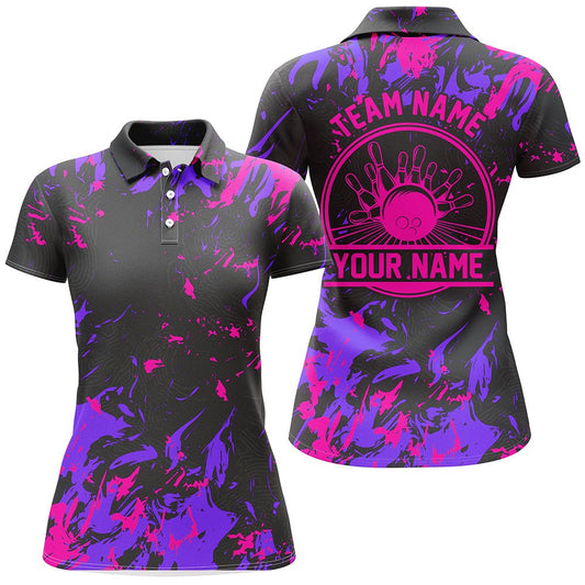 Personalisierte Damen Bowling Polo Shirts | Bowlingkugeln und Pins | Bowling Team Shirts | Pink Lila P5401 - Climcat
