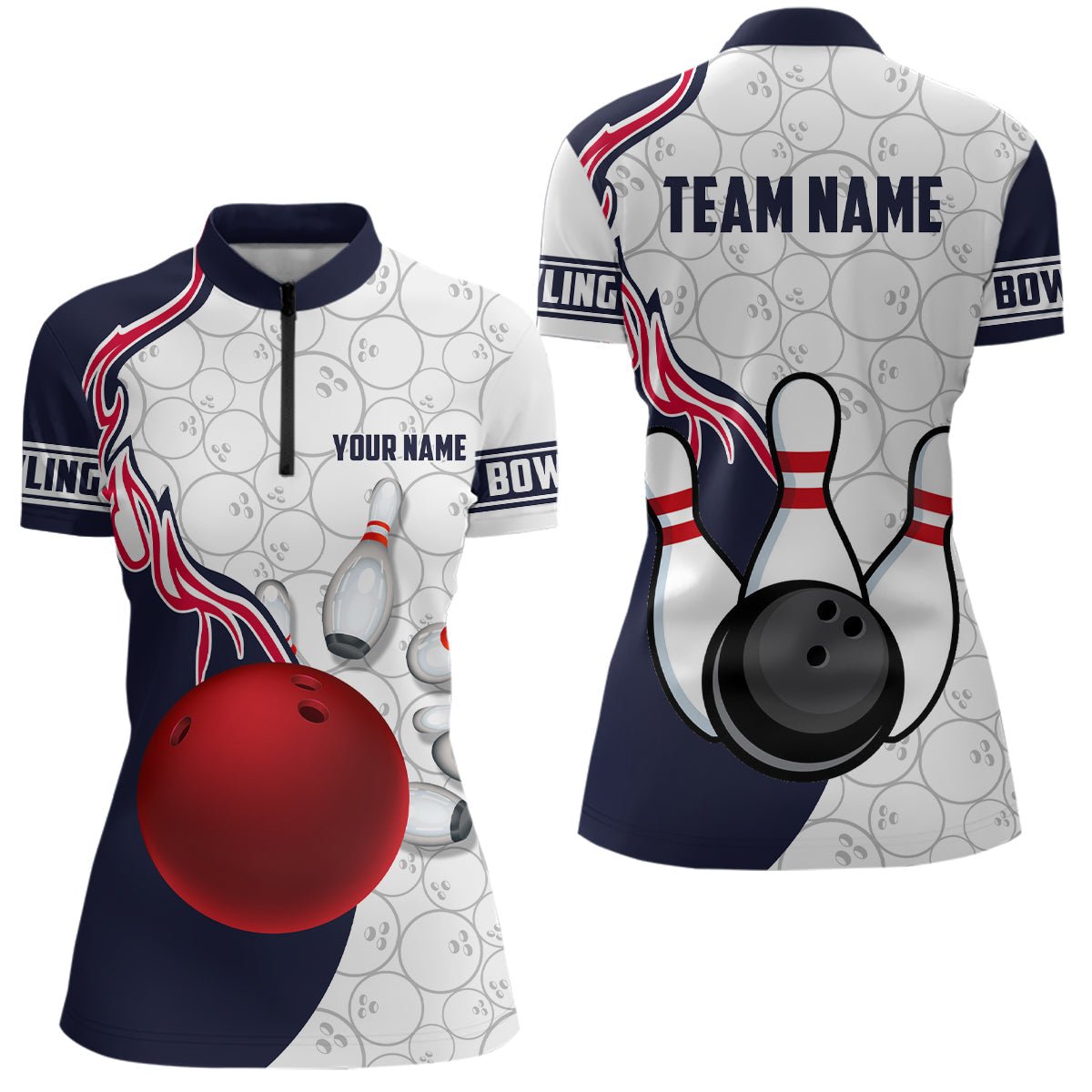 Personalisierte Damen Bowling Quarter-Zip Shirts - Bowlingkugel und Pins - Liga Bowling Trikots - P5305 - Climcat
