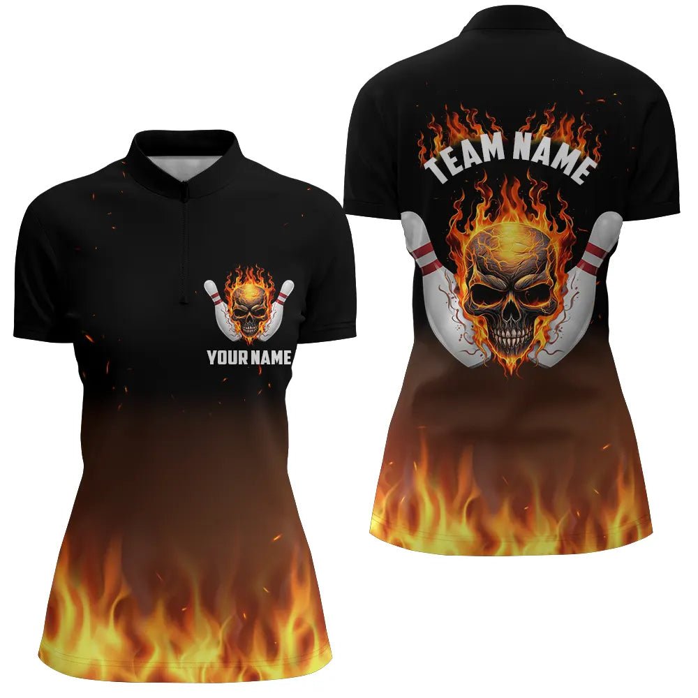 Personalisierte Damen Bowling Shirts, Flammen Schädel Team Bowling Trikots für Bowling Spieler P5159 - Climcat