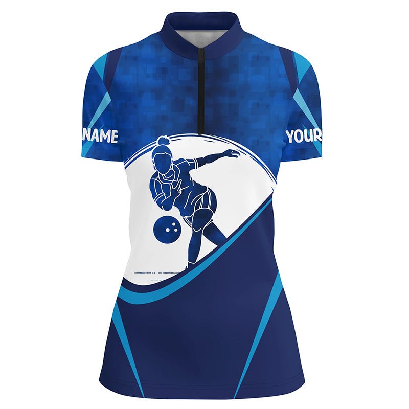 Personalisierte Damen Bowling Trikots mit individuellem Namen, blaue Bowling Shirts für Frauen P4201 - Climcat