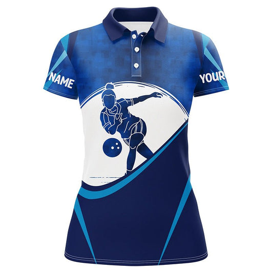 Personalisierte Damen Bowling Trikots mit individuellem Namen, blaue Bowling Shirts für Frauen P4201 - Climcat