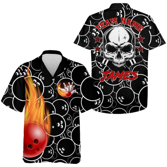 Personalisierte FlammenBowling-Hemd, Herren Damen Totenkopf Pins Schwarze Bowlers Kurzarm Jersey B02 - Climcat