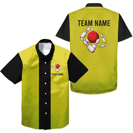 Personalisierte Gelb Schwarze Retro Bowling-Hawaiihemden - Individuell gestaltete Vintage-Teamhemden mit Knopfleiste Q6981 - Climcat