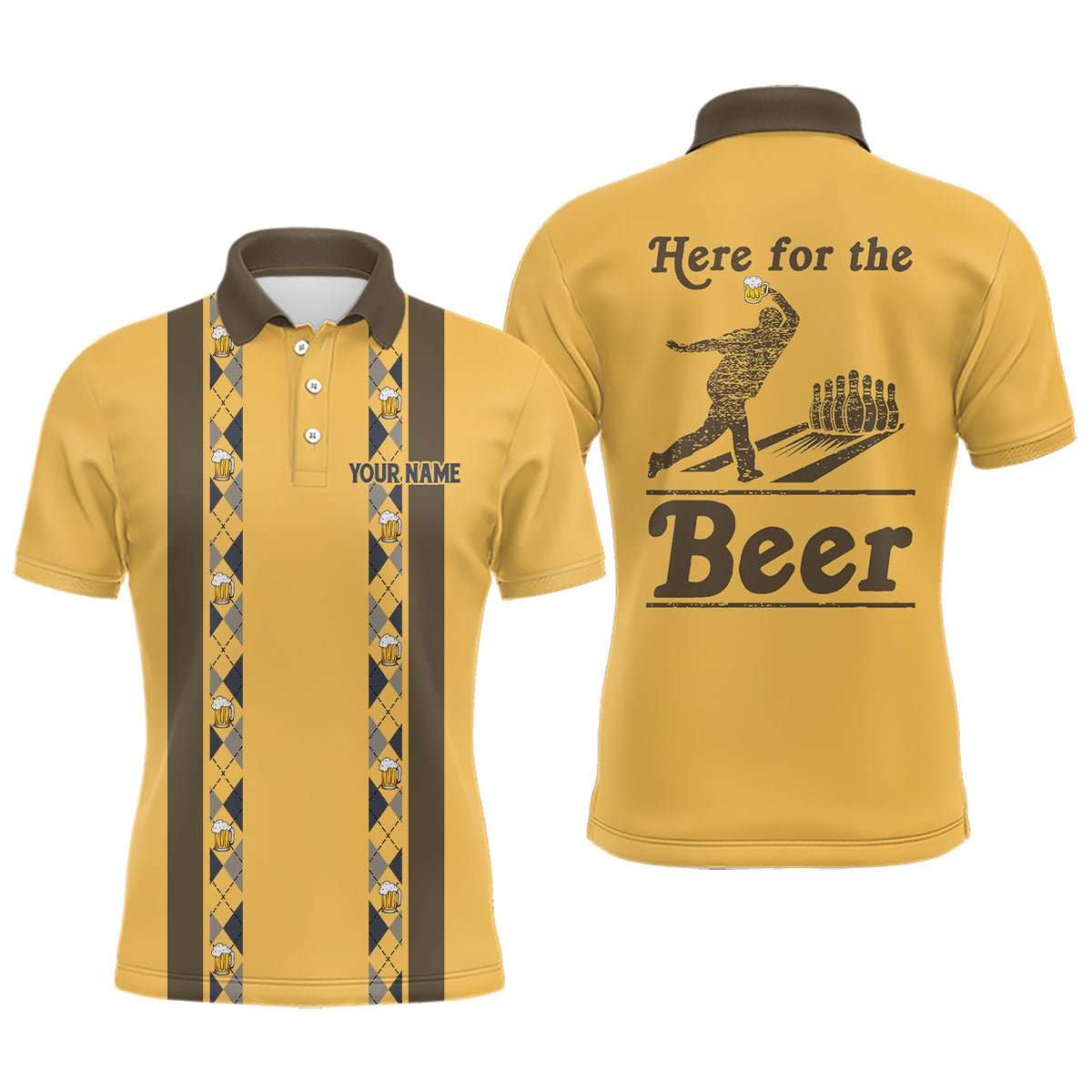 Personalisierte gelbe Retro-Bowling-Polo-Shirts für Herren individuell Hier für das Bier-Bowling-Team Trikots Q6567 - Climcat