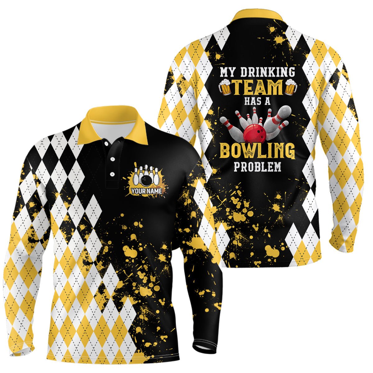 Personalisierte gelbe Retro-Bowling-Polo-Shirts für Herren individuell Mein Trinkteam hat ein Bowling-Problem Q6951 - Climcat