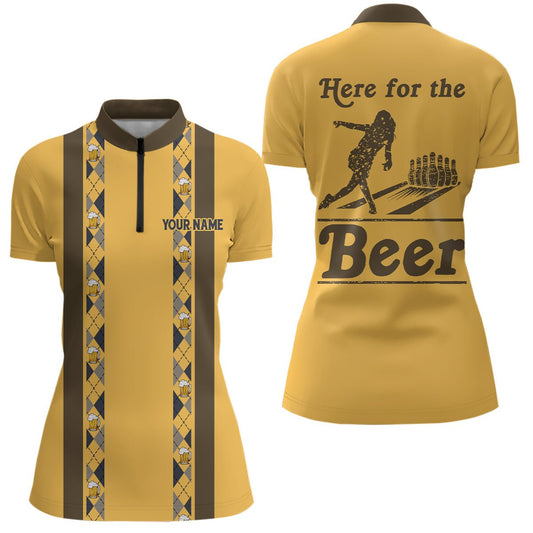 Personalisierte gelbe Retro-Bowling-Quarter-Zip-Shirt für Frauen individuell Hier für das Bier Team Trikots Q6567 - Climcat