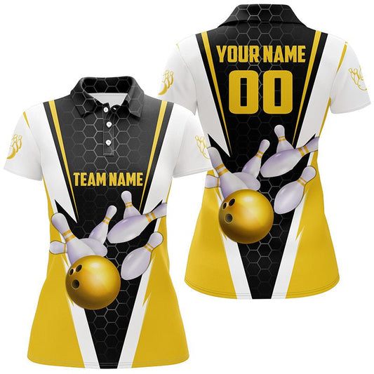 Personalisierte gelbe Strike Bowling Polo Shirts für Damen, Bowling Team Trikots mit Namen und Nummer P5285 - Climcat