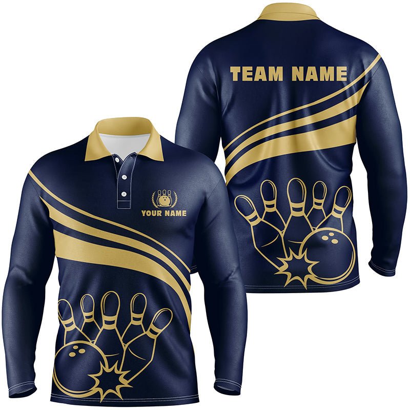 Personalisierte goldene Bowling-Polo-Shirts für Herren, individuelles Herren-Bowlinghemd für Team Bowl Jersey | Marineblau Q6707 - Climcat