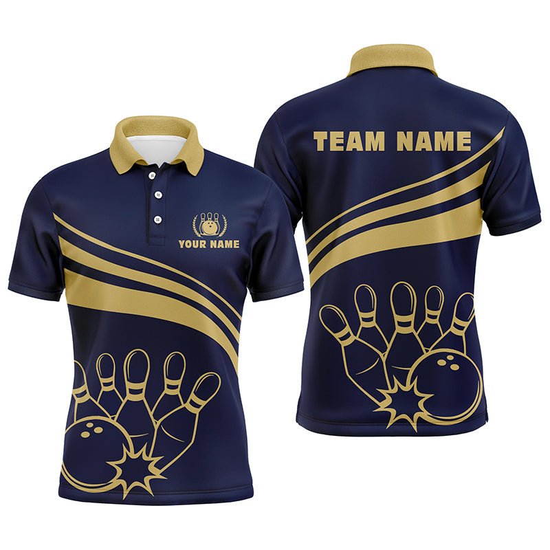 Personalisierte goldene Bowling-Polo-Shirts für Herren, individuelles Herren-Bowlinghemd für Team Bowl Jersey | Marineblau Q6707 - Climcat