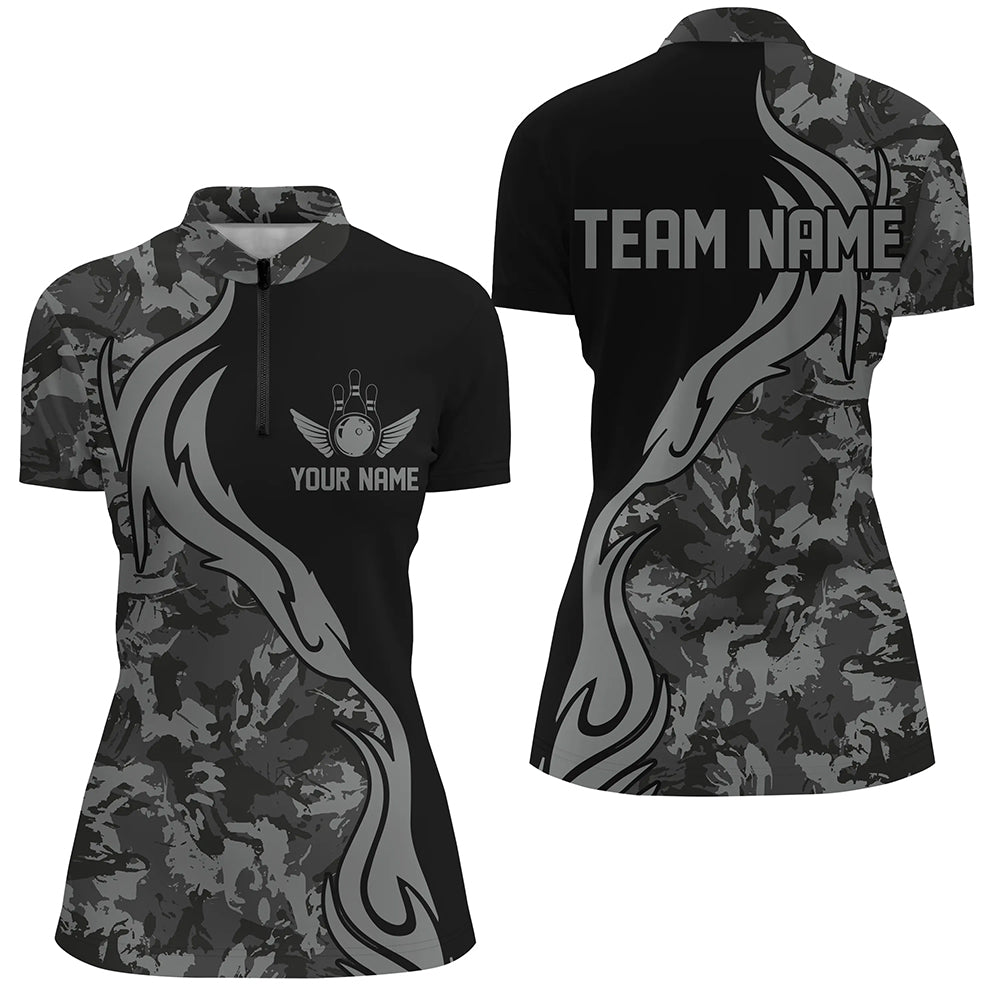 Personalisierte graue Camouflage-Bowlingshirts für Damen - Individuelle Bowling-Teamtrikots - Bowlingspieler-Outfits P5520 - Climcat