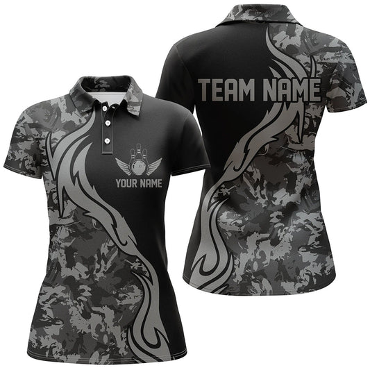 Personalisierte graue Camouflage-Bowlingshirts für Damen - Individuelle Bowling-Teamtrikots - Bowlingspieler-Outfits P5520 - Climcat