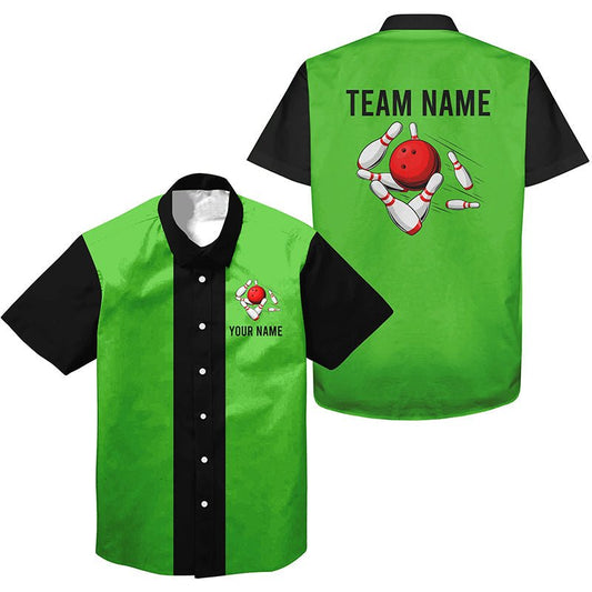 Personalisierte grün-schwarze Retro-Bowling-Hawaiihemden - Maßgeschneiderte Vintage-Teamhemden mit Knopfleiste Q6804 - Climcat
