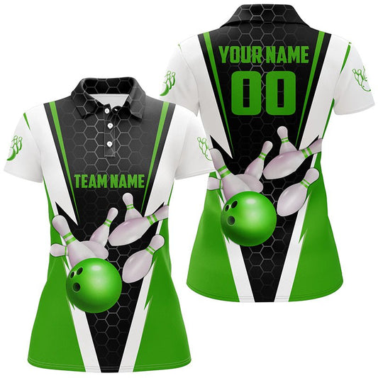 Personalisierte grüne Strike Bowling Polo Shirts für Damen, Bowling Team Trikots mit Namen und Nummer P5283 - Climcat