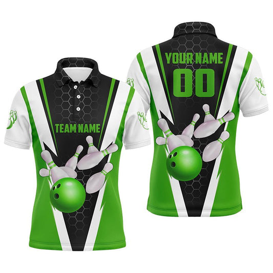 Personalisierte grüne Strike Bowling Polo Shirts für Herren, Bowling Team Trikots mit Namen und Nummer P5283 - Climcat