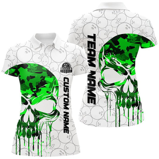 Personalisierte grüne Tarnmuster Skull Bowling Polo Shirts für Damen - Individuelle Bowling Trikots für Bowling Teams und Ligen P5329 - Climcat