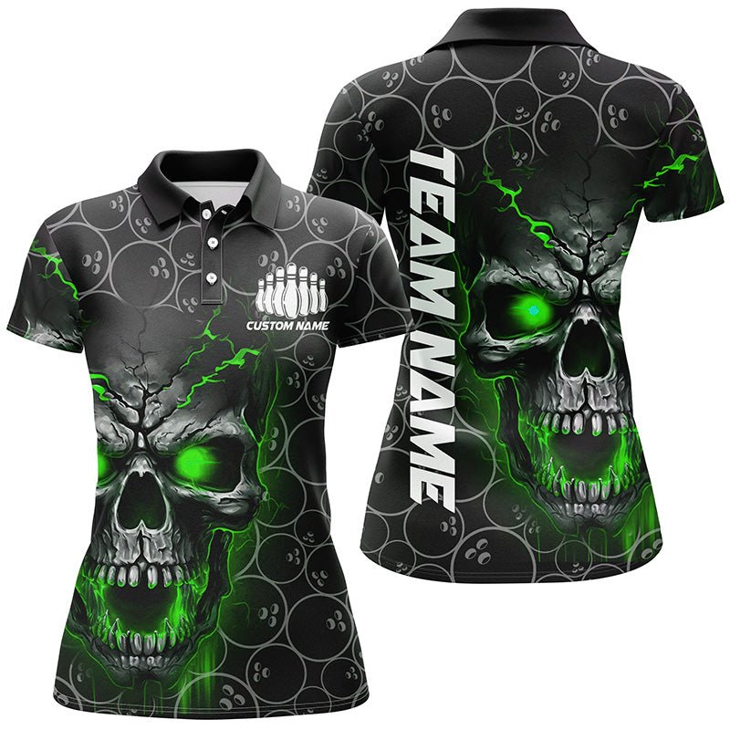 Personalisierte grüne Totenkopf Bowling Polo Shirts für Damen, Bowling Muster Bowling Team Trikots P5236 - Climcat