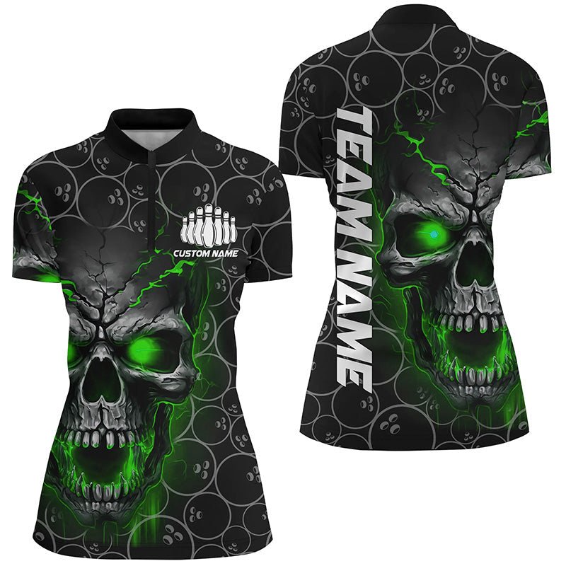 Personalisierte grüne Totenkopf Bowling Polo Shirts für Damen, Bowling Muster Bowling Team Trikots P5236 - Climcat