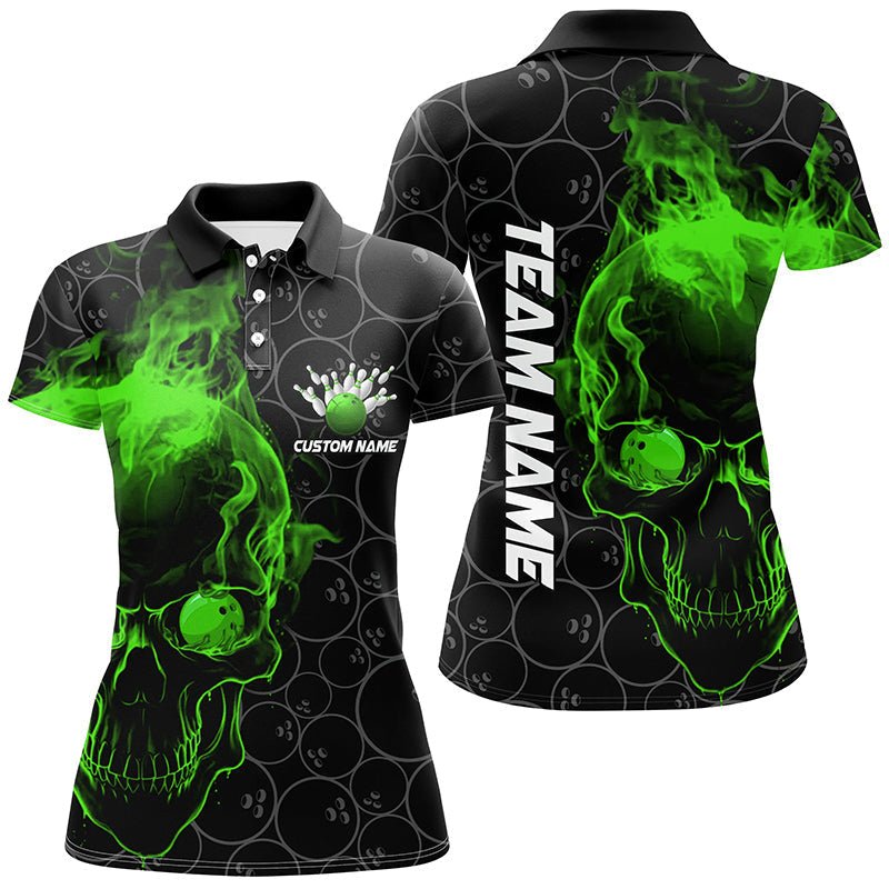 Personalisierte grüne Totenkopf Damen Bowling Polo Shirts - Team Bowling Trikots für Bowling Liga Outfits P5416 - Climcat