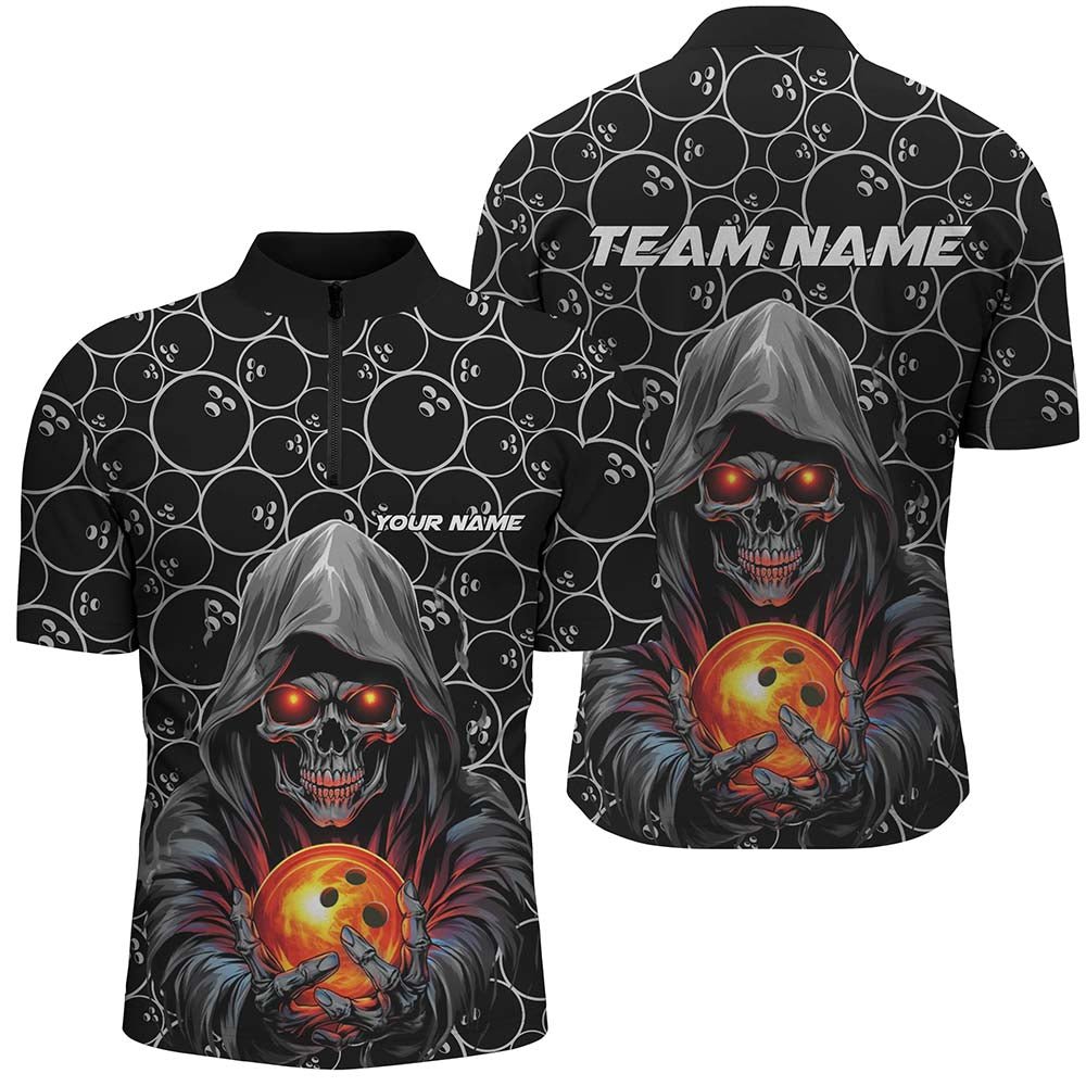 Personalisierte Halloween Bowling Outfits - Skull Bowling Viertel-Zip Shirts für Herren - Bowling Liga Team Trikots P5345 - Climcat