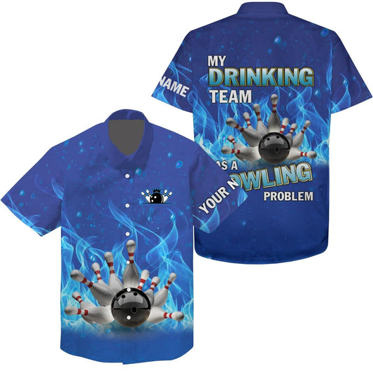 Personalisierte Hawaiianische Bowling-hemd Blau Flamme Bowlingkugel und Pins, Mein Trinkteam Bowling Problem Q4505 - Climcat