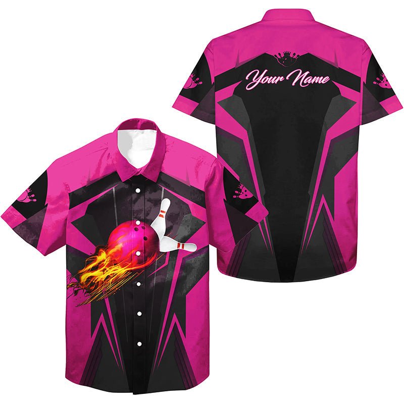 Personalisierte Hawaiianische Bowlinghemden Flame Bowlingkugel und Pins, Bowlinghemd für Herren Bowler | Pink Q7014 - Climcat