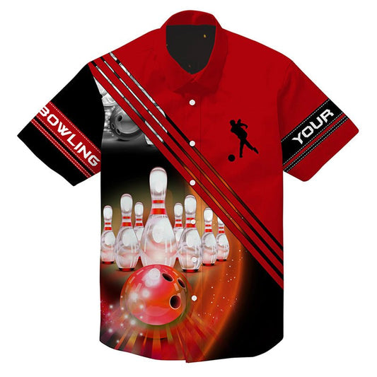 Personalisierte Hawaiianische Bowlinghemden für Bowlingball- und Pins-Teamshirt, Knopfleiste Bowlinghemden | Rot Q4452 - Climcat