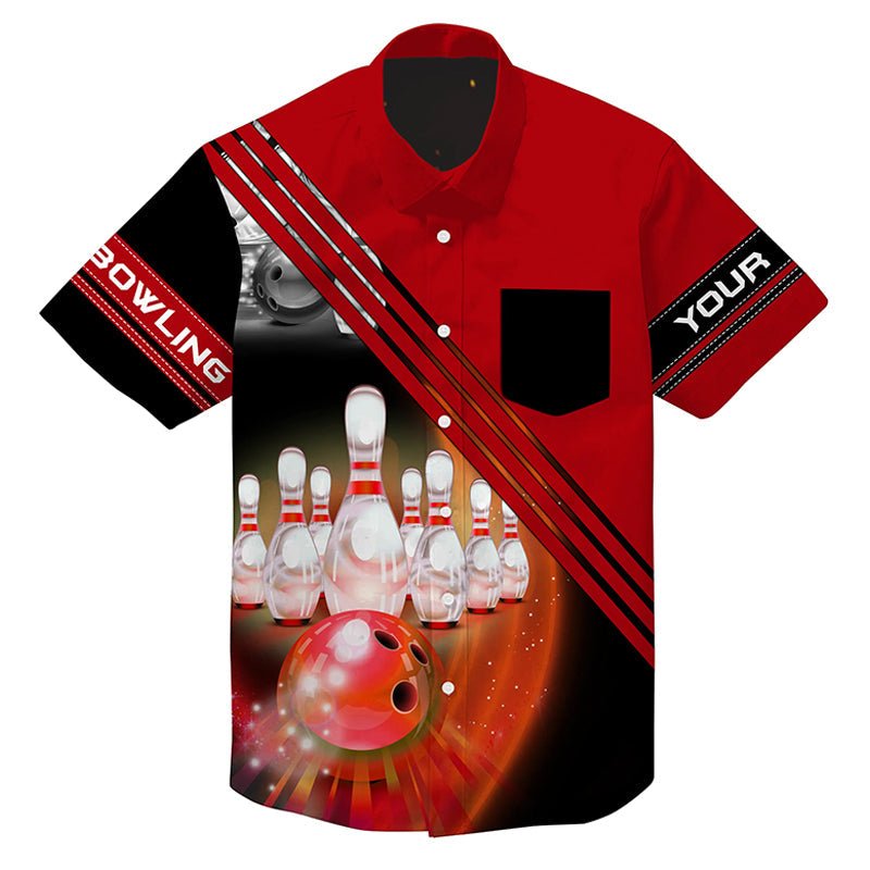 Personalisierte Hawaiianische Bowlinghemden für Bowlingball- und Pins-Teamshirt, Knopfleiste Bowlinghemden | Rot Q4452 - Climcat