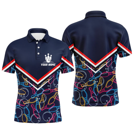 Personalisierte Herren Bowling Polo Shirt in Marineblau mit Bowling Pins und Ball Muster, Kurzarm, Herren Bowlers B05 - Climcat