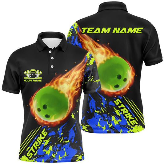 Personalisierte Herren Bowling Polo Shirts - Grün, Flammenmuster, Bowlingkugel Strike - Bowling Team Trikots P5421 - Climcat