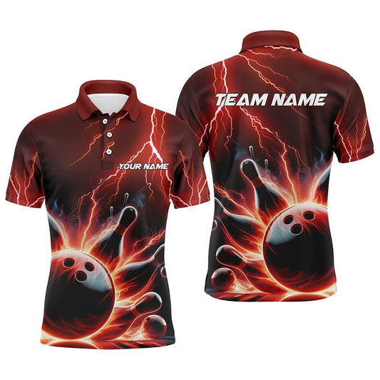 Personalisierte Herren Bowling Polo Shirts - Roter Donner Blitz Bowling Strike Bowling Team Shirts P5404 - Climcat