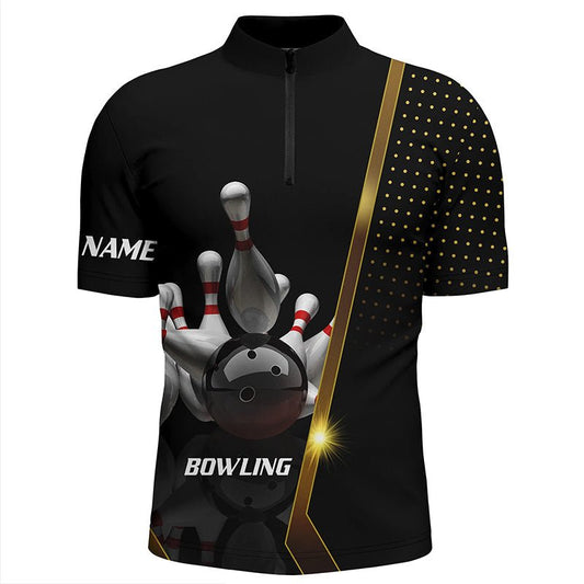 Personalisierte Herren Bowling Quarter-Zip Shirt Schwarz und Gold Herren Bowlers Individuelles Team Bowling Trikot Q5947 - Climcat