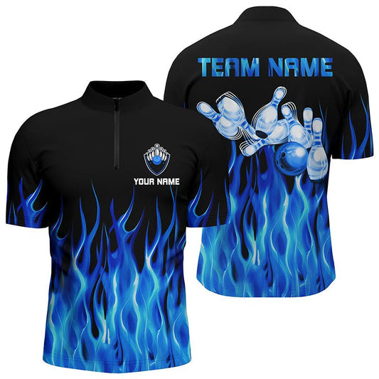 Personalisierte Herren Viertel-Zip Bowling Shirt Blaue Flamme Bowlingkugel Pins Bowling Trikots für Bowler Q6982 - Climcat