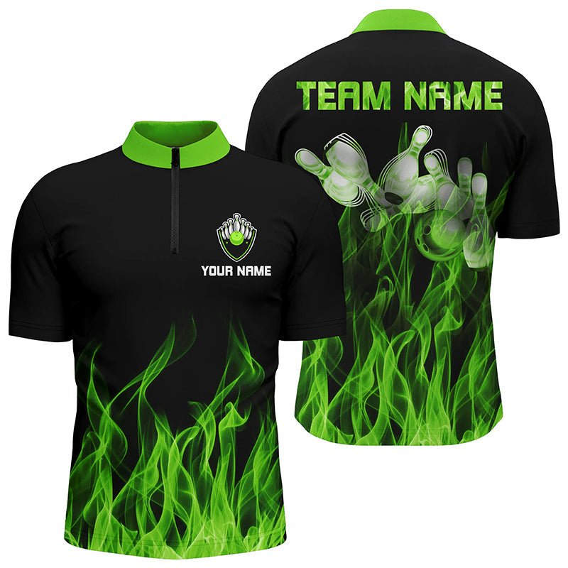 Personalisierte Herren Viertel-Zip Bowling Shirt Grün Flamme Bowlingkugel & Pins Bowling Trikots für Bowler Q6034 - Climcat