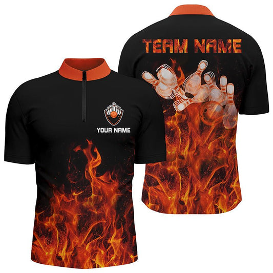 Personalisierte Herren Viertel-Zip Bowling Shirt Orange Flame Bowlingkugel & Pins Bowling Trikots für Bowler Q6036 - Climcat