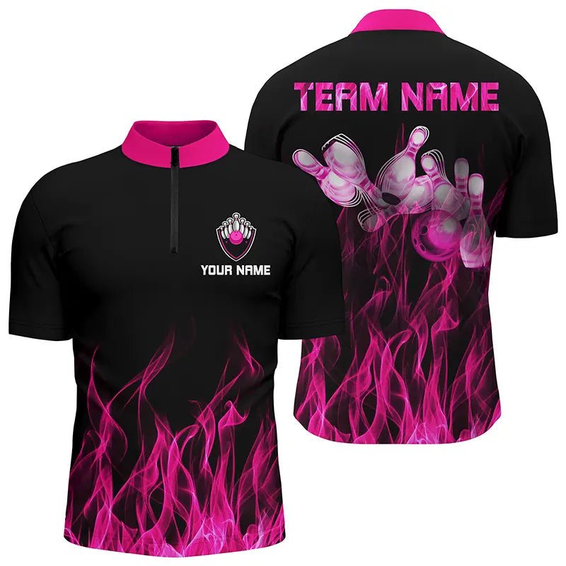 Personalisierte Herren Viertel-Zip Bowling Shirt Pink Flame Bowling Ball Pins Camo Bowling Trikots Bowler Q5880 - Climcat