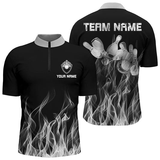 Personalisierte Herren Viertel-Zip Bowling Shirt Weiß Flamme Bowlingkugel & Pins Bowling Trikots für Bowler Q6821 - Climcat