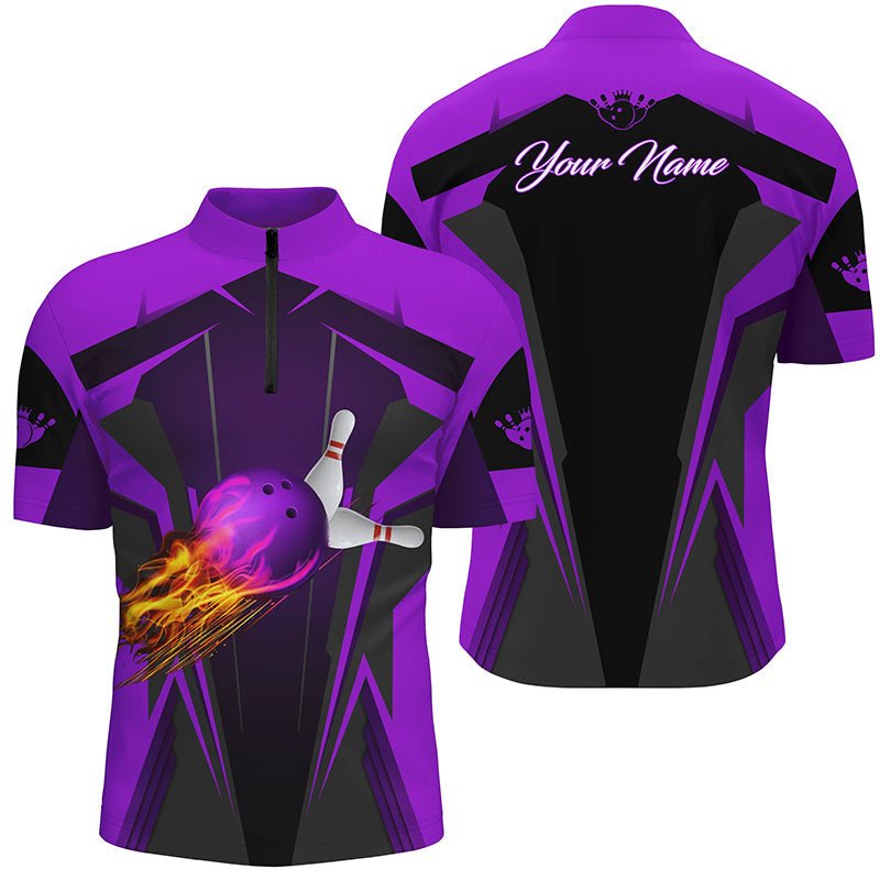 Personalisierte Herren Viertelreißverschluss-Shirt mit Flammen-Bowlingkugeln und Bowling-Pins, Bowlingtrikots für Bowler | Lila Q6440 - Climcat