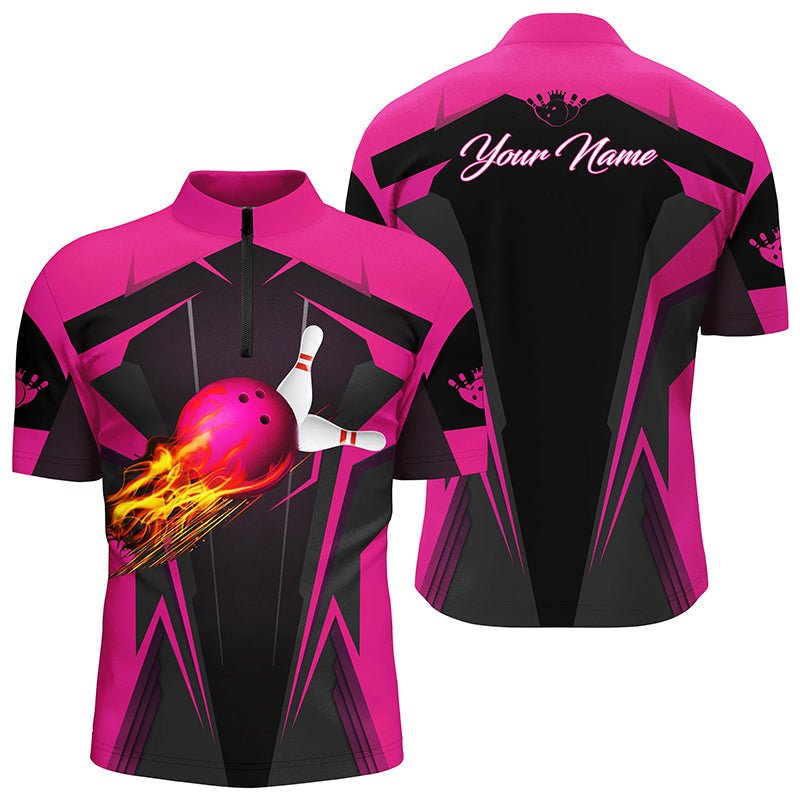 Personalisierte Herren Viertelreißverschluss-Shirt mit Flammen-Bowlingkugeln und Bowling-Pins | Bowlingtrikots für Bowler | Pink Q7014 - Climcat