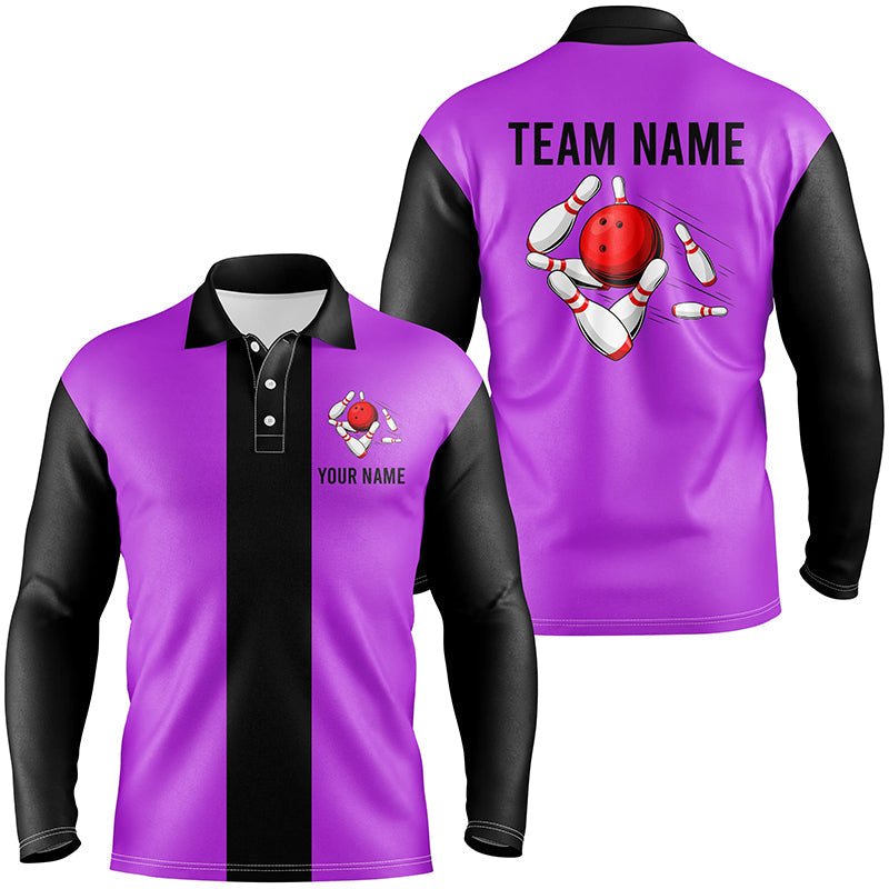 Personalisierte Lila Schwarze Retro Bowling Polo Shirts für Herren - Individuelle Vintage Bowling Team Trikots Q6803 - Climcat