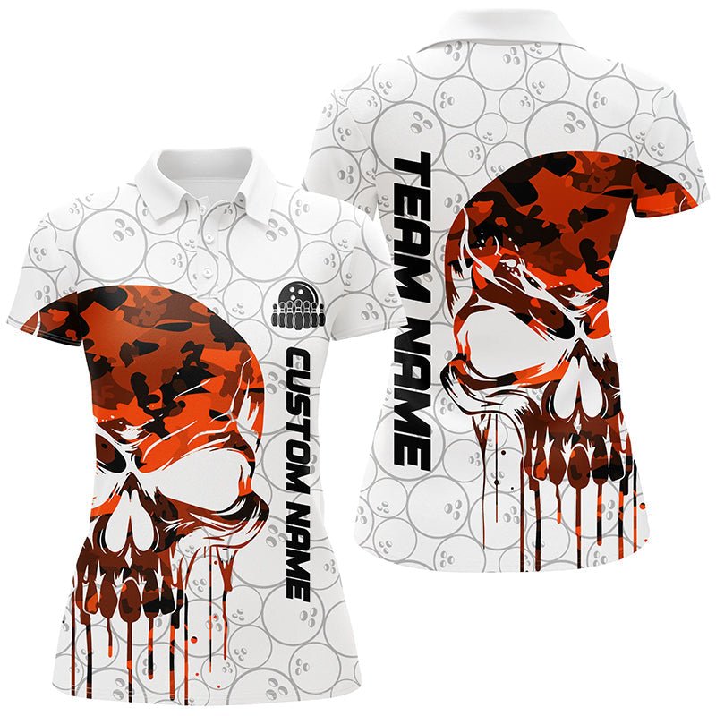Personalisierte Orange Camo Skull Bowling Polo Shirts für Damen - Individuelle Team Bowling Trikots - Hochwertiges Bowling Outfit P5327 - Climcat