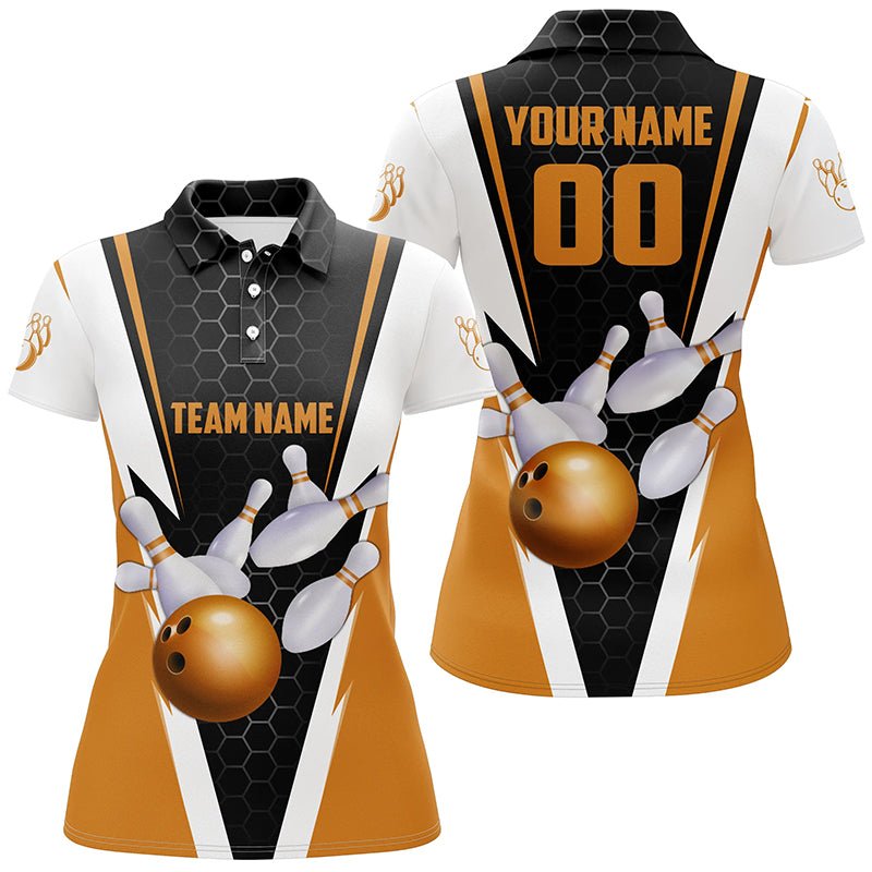 Personalisierte Orange Strike Bowling Polo Shirts für Damen, Bowling Team Trikots mit Namen und Nummer P5284 - Climcat