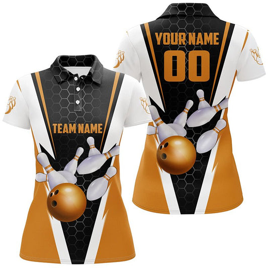 Personalisierte Orange Strike Bowling Polo Shirts für Damen, Bowling Team Trikots mit Namen und Nummer P5284 - Climcat