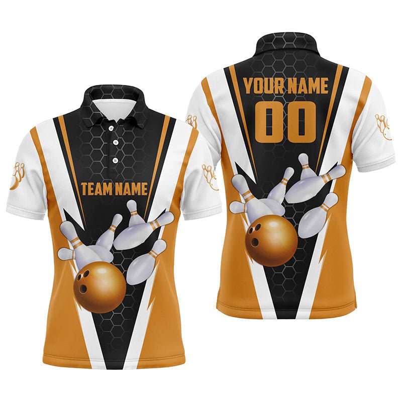 Personalisierte Orange Strike Bowling Polo Shirts für Herren, Bowling Team Trikots mit Name und Nummer P5284 - Climcat