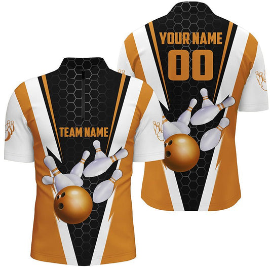 Personalisierte Orange Strike Bowling Quarter Zip Shirts für Herren, Bowling Team Trikots mit Nummer P5284 - Climcat