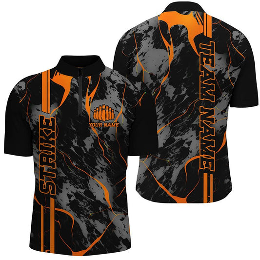 Personalisierte Orange Strike Bowling Shirts für Herren - Viertelreißverschluss, Camo Bowling Team Trikots für Bowling Liga P5385 - Climcat