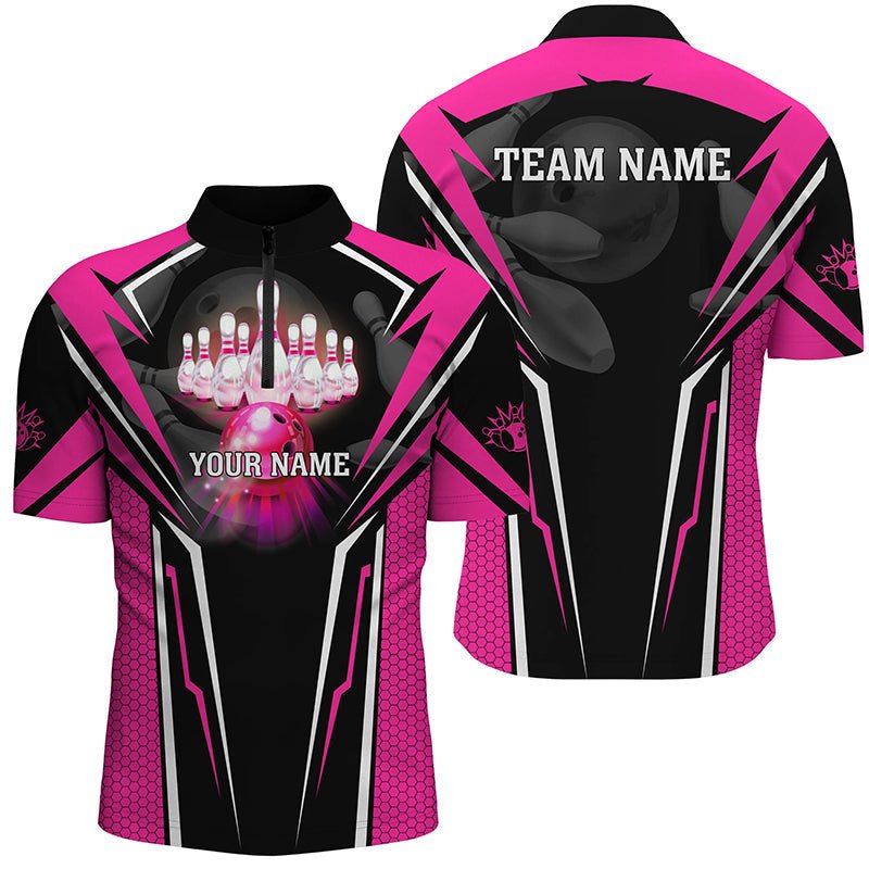 Personalisierte Pink Bowling Polo Shirts für Herren, Strike Bowling Team Trikots, Bowlers Outfits P5225 - Climcat