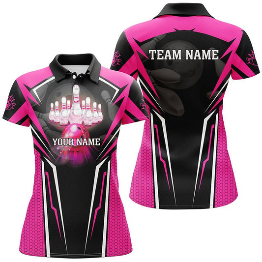 Personalisierte Pink Bowling Polo Shirts für Herren, Strike Bowling Team Trikots, Bowlers Outfits P5225 - Climcat