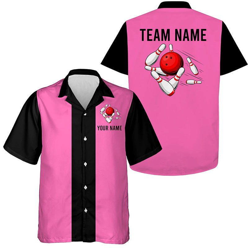 Personalisierte Pink Schwarz Retro Bowling-Hawaiihemden, individuell anpassbare Vintage-Team-Hemden mit Knopfleiste - Climcat