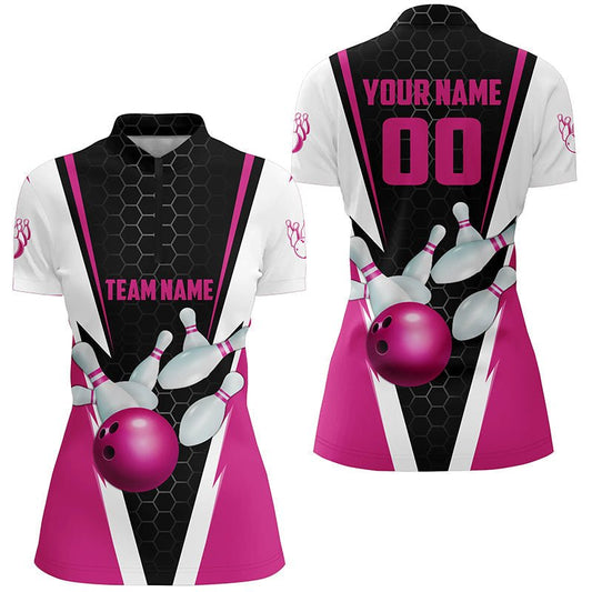 Personalisierte Pink Strike Bowling Damen Quarter Zip Shirts, Bowling Team Trikots mit Namen und Nummer P5282 - Climcat